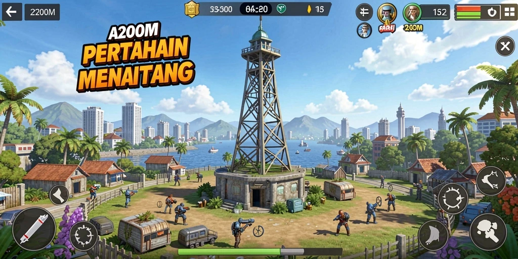 Screenshot A200M yang menampilkan aksi menara pertahanan yang mendebarkan.