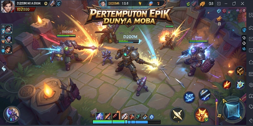 Tangkapan layar D200M menampilkan aksi gameplay MOBA yang intens.