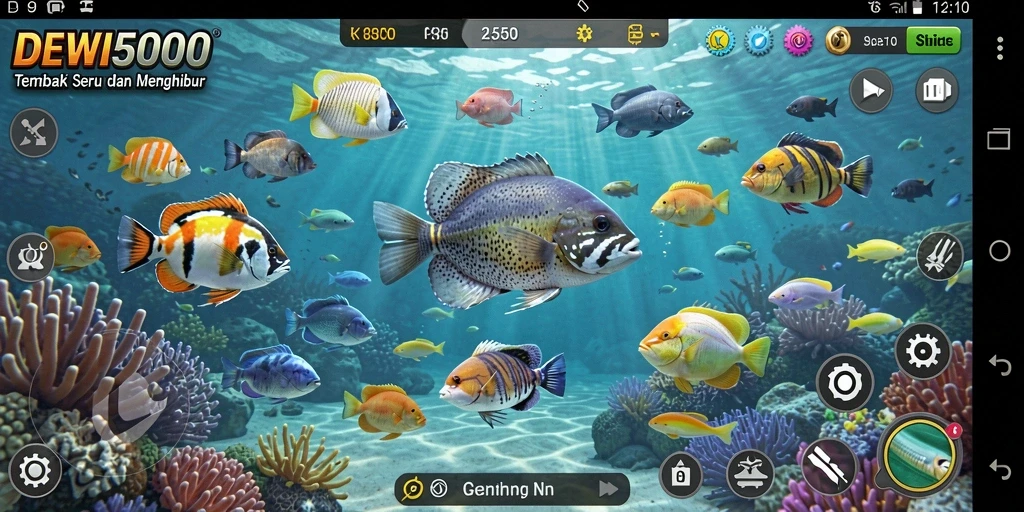 Screenshot DEWI5000 menampilkan aksi menembak ikan yang seru dan dinamis.