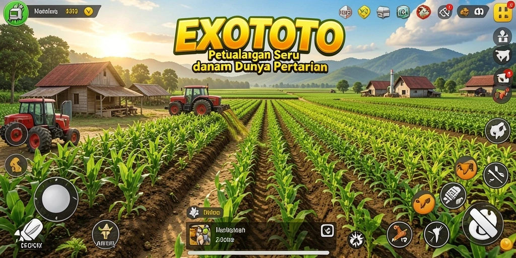 Screenshot dari gameplay EXOTOTO menampilkan aktivitas bertani yang menyenangkan.