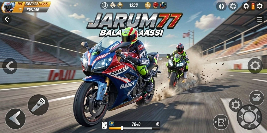 Screenshot gameplay JARUM77 menampilkan aksi balap motor yang seru.