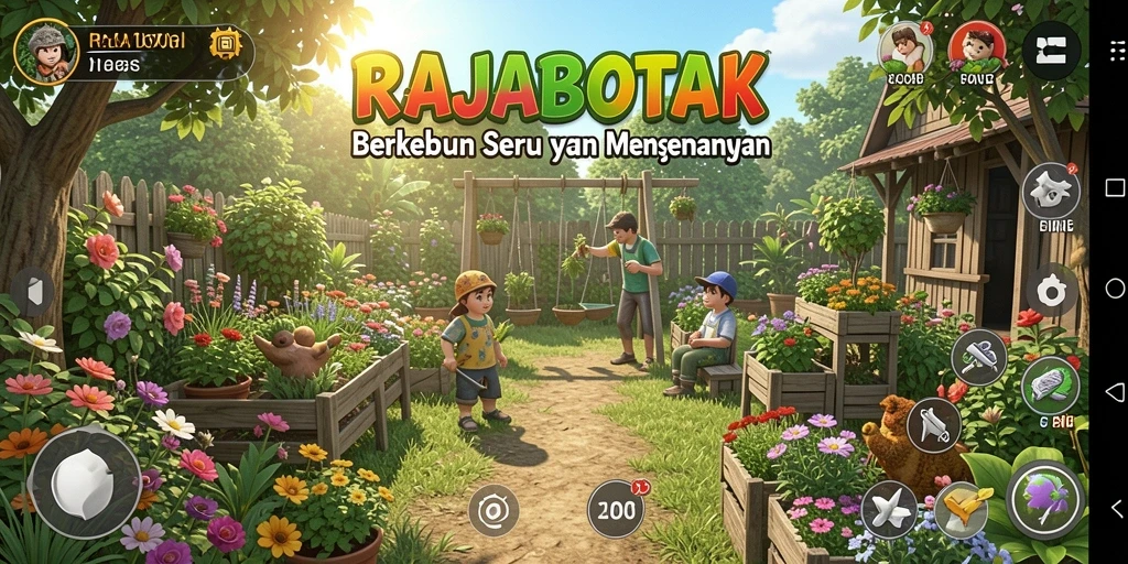 Tampilan gameplay RAJABOTAK yang menampilkan ladang pertanian yang indah.