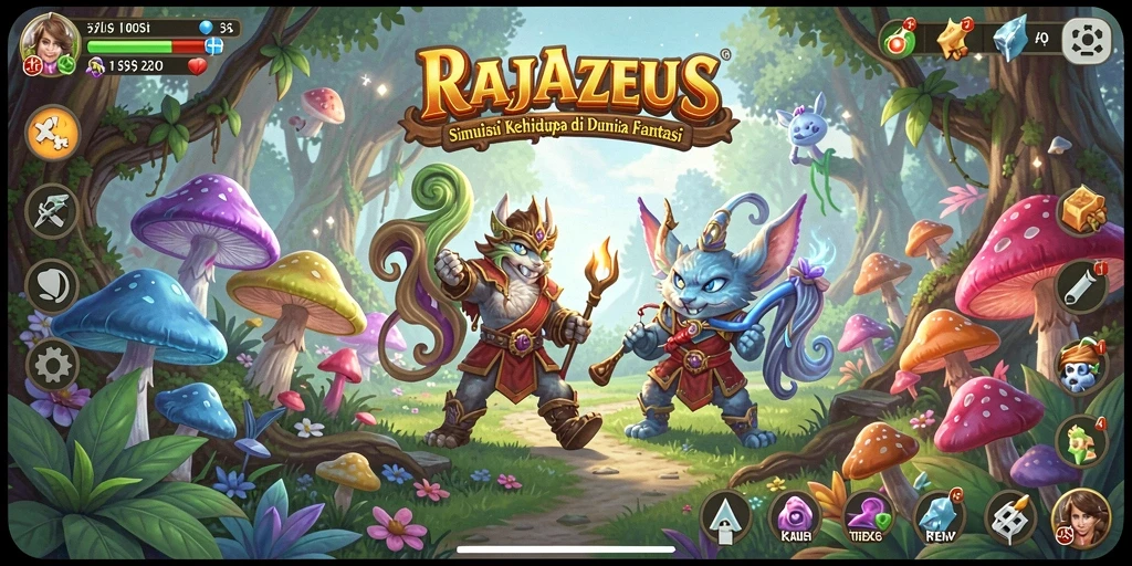 Tampilan gameplay menarik dari RAJAZEUS dengan dunia fantasi yang kaya.